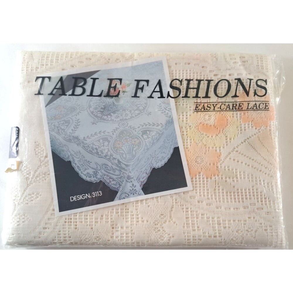 Vintage NEW Oblong Tablecloth Ivory Orange Floral Accents Cottage NOS 60x90